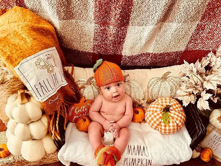 Orange, Textile, Baby, Comfort, Child, Baby Sleeping, Linens, Baby & Toddler Clothing, Pumpkin, Hat, Event, Toy, Peach, Room, Toddler, Curtain, Pattern, Illustration, Basket, Person, Headwear