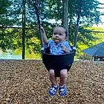 People In Nature, Tree, Leaf, Sleeve, Baby & Toddler Clothing, Gesture, Yellow, Happy, Swing, Toddler, Grass, Leisure, Recreation, Fun, Electric Blue, Playground, Sky, City, Outdoor Play Equipment, Baby, Person
