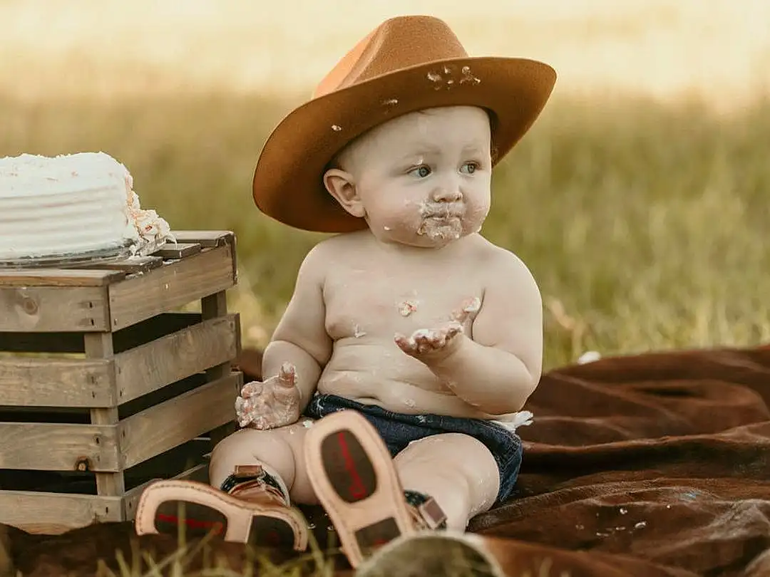 Hat, White, People In Nature, Happy, Flash Photography, Sun Hat, Toddler, Baby, Wood, Baby & Toddler Clothing, Child, Grass, Sitting, Cowboy Hat, Landscape, Fedora, Fashion Accessory, Stock Photography, Vintage Clothing, Portrait Photography, Person, Headwear