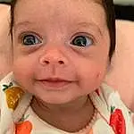 Nose, Cheek, Skin, Lip, Chin, Hairstyle, Mouth, Eyebrow, Facial Expression, Baby Playing With Food, Eyelash, Smile, Baby, Jaw, Neck, Ear, Iris, Dress, Happy, Person