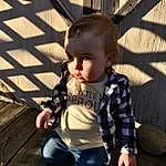 Skin, Hairstyle, Wood, Sunlight, Baby & Toddler Clothing, Yellow, Public Space, Toddler, Morning, Leisure, Grass, Tints And Shades, Child, Baby, Happy, Fun, Shade, Sitting, Pattern, T-shirt, Person
