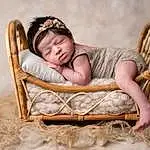 Skin, Comfort, Wood, Flash Photography, Happy, Baby & Toddler Clothing, Grass, Baby, People In Nature, Toddler, Headpiece, Chair, Child, Baby Sleeping, Sitting, Basket, Furry friends, Headband, Linens, Fashion Accessory, Person