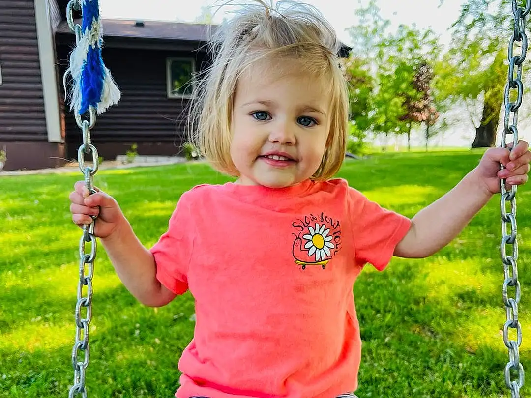 Clothing, Smile, Facial Expression, Blue, Green, Plant, Sky, Happy, Grass, Finger, Baby & Toddler Clothing, Toddler, Window, Fun, Leisure, Beauty, Child, Thumb, Electric Blue, Blond, Person, Joy