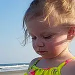 Nose, Face, Skin, Head, Lip, Chin, Sky, Shoulder, Eyes, Facial Expression, Water, Neck, Beach, Happy, Body Of Water, Sunlight, Fun, Baby & Toddler Clothing, Toddler, Summer, Person
