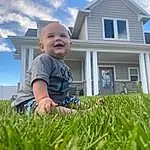 Cloud, Smile, Sky, Plant, Window, People In Nature, Blue, House, Grass, Happy, Leisure, Grassland, Fun, Baby, Meadow, Toddler, T-shirt, Lawn, Landscape, Person, Joy