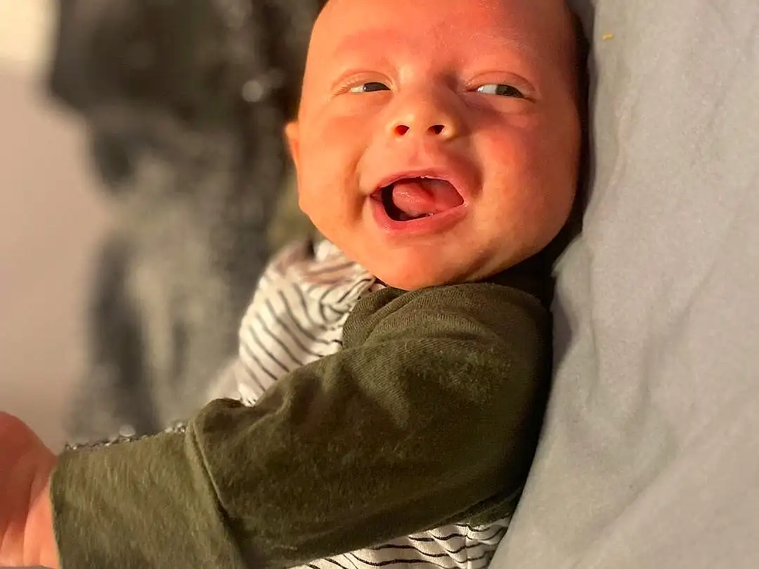 Nose, Face, Cheek, Eyes, Comfort, Human Body, Sleeve, Gesture, Happy, Baby, Toddler, Wrinkle, Flash Photography, Child, Fun, Event, Laugh, Sitting, Linens