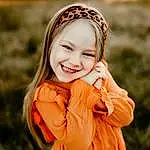 Smile, Outerwear, Plant, Dress, People In Nature, Human Body, Flash Photography, Orange, Happy, Wood, Gesture, Iris, Grass, Tree, Toddler, Long Hair, Jewellery, Child, Grassland, Blond, Person, Joy, Headwear