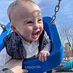 Skin, Hand, Smile, Arm, Sky, Photograph, Blue, Eyes, Facial Expression, Cloud, White, Azure, Happy, Baby & Toddler Clothing, Standing, Swing, Gesture, Toddler, Finger, Person