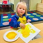 Yellow, Toddler, Child, Table, Room, Play, Paint, Kindergarten, Tableware, Refrigerator, Learning, Fun, Baby Playing With Toys, Wood, Visual Arts, School, Comfort Food, Sitting, Person