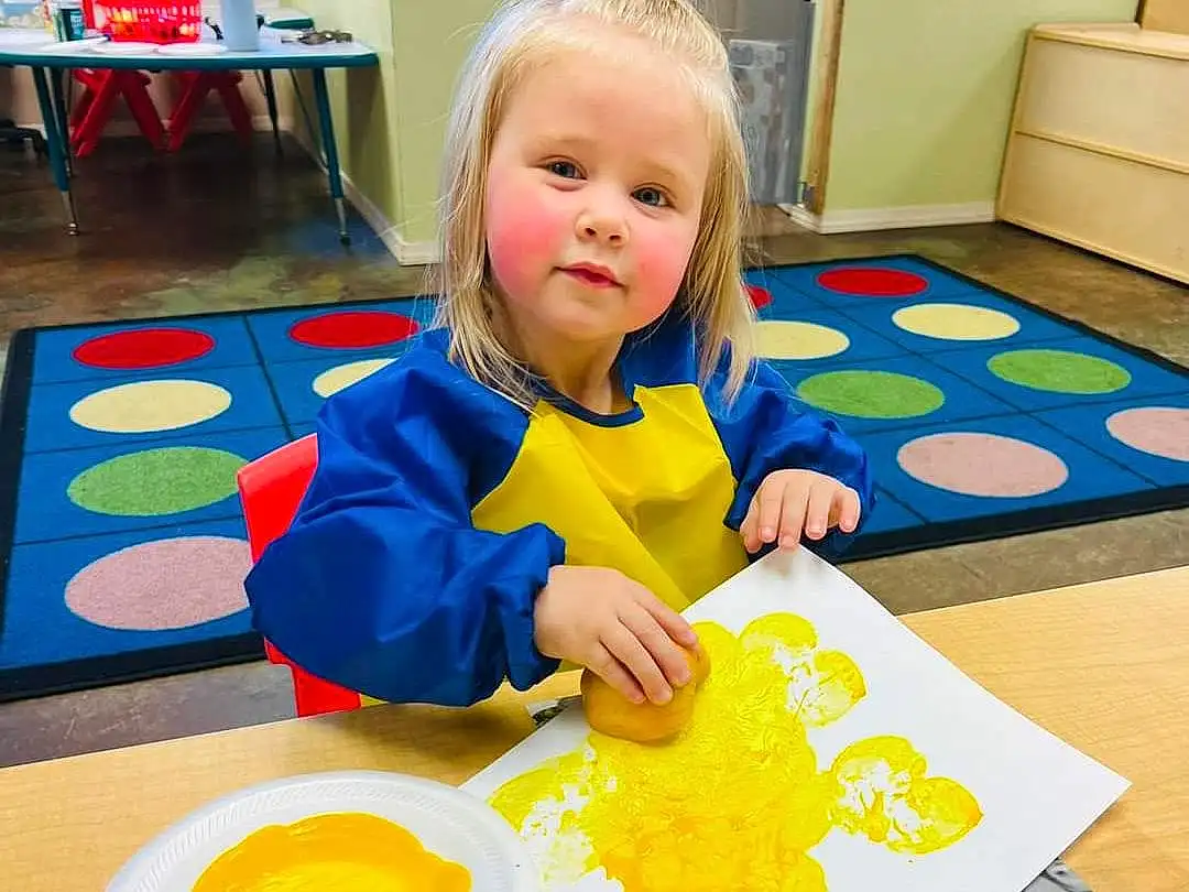 Yellow, Toddler, Child, Table, Room, Play, Paint, Kindergarten, Tableware, Refrigerator, Learning, Fun, Baby Playing With Toys, Wood, Visual Arts, School, Comfort Food, Sitting, Person