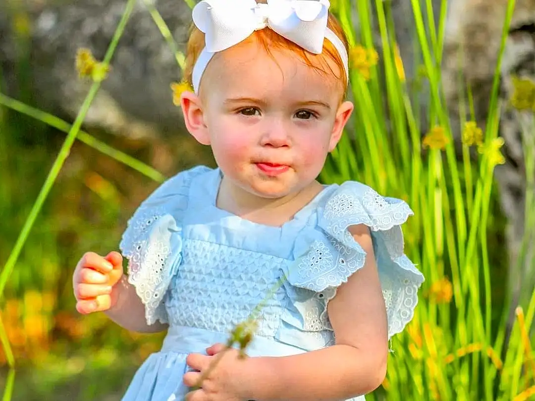 Skin, Eyes, Plant, People In Nature, Baby & Toddler Clothing, Botany, Sleeve, Happy, Dress, Sunlight, Grass, Smile, Toddler, Summer, Meadow, Baby, Grassland, Child, Pattern, Person