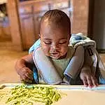 Smile, Television, Toddler, Wood, Ingredient, Food, Leaf Vegetable, Recipe, Happy, Tableware, T-shirt, Baby, Child, Vegetable, Baby & Toddler Clothing, Hardwood, Comfort Food, Cuisine, Fun, Person