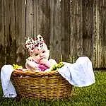 People In Nature, Plant, Wood, Grass, Picnic Basket, Fence, Happy, Toy, Basket, Lawn, Baby, Event, Toddler, Sitting, Baby Products, Fun, Leisure, Storage Basket, Recreation, Baby & Toddler Clothing, Person, Headwear