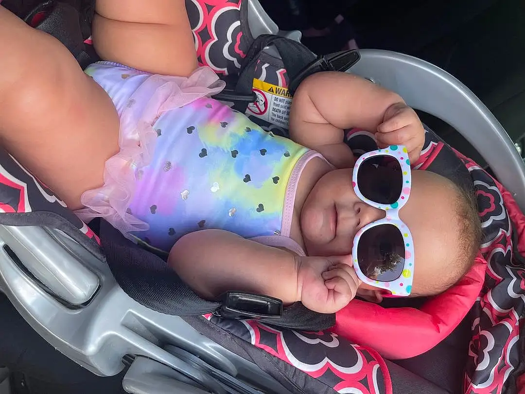Hand, Arm, Mouth, Sunglasses, Eyewear, Goggles, Automotive Design, Thigh, Pink, Baby, Nail, Baby & Toddler Clothing, Toddler, Wheel, Auto Part, Car Seat, Baby Products, Human Leg, Child, Pattern, Person