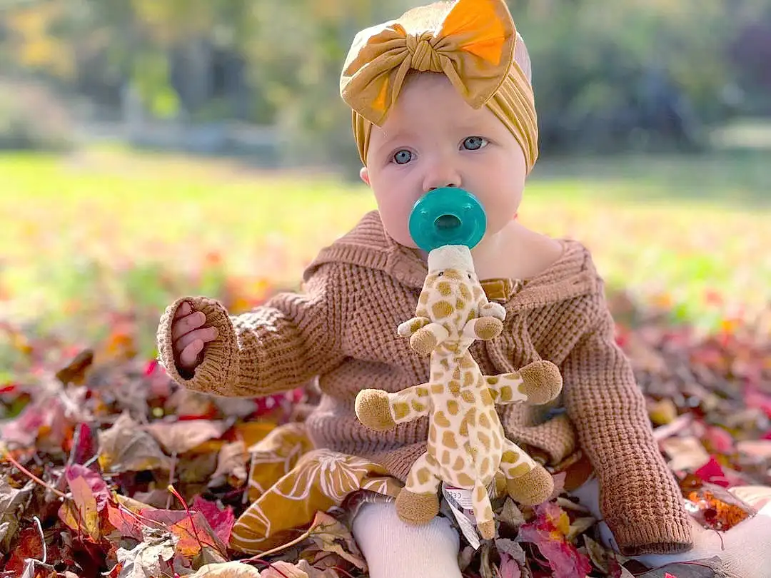 People In Nature, Plant, Leaf, Toy, Wood, Grass, Fawn, Doll, Happy, Hat, Child, Deciduous, Soil, Lawn Ornament, Tree, Sitting, Autumn, Peach, Garden, Toddler, Person