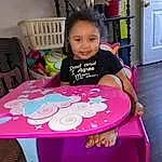 Furniture, Chair, Smile, Table, Purple, Pink, Sharing, Door, Toddler, Baby & Toddler Clothing, Magenta, T-shirt, Shelf, Child, Tablecloth, Leisure, Baby, Happy, Event, Sitting, Person, Joy