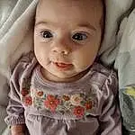 Clothing, Face, Nose, Cheek, Skin, Head, Lip, Chin, Outerwear, Hairstyle, Eyebrow, Eyes, Facial Expression, White, Baby & Toddler Clothing, Iris, Sleeve, Baby, Person