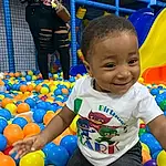 Smile, Photograph, Blue, Green, Black, Ball Pit, Yellow, Community, Leisure, Fun, T-shirt, People, Toddler, Child, Toy, Ball, Happy, Human Settlement, Event, Person, Joy
