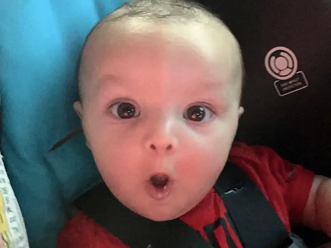 Face, Nose, Cheek, Mouth, Baby, Iris, Toddler, Car Seat, Seat Belt, Baby Carriage, Comfort, Auto Part, Child, Baby & Toddler Clothing, Personal Protective Equipment, Smile, Baby Products, Fun, Vehicle Door, Carmine, Person, Surprise
