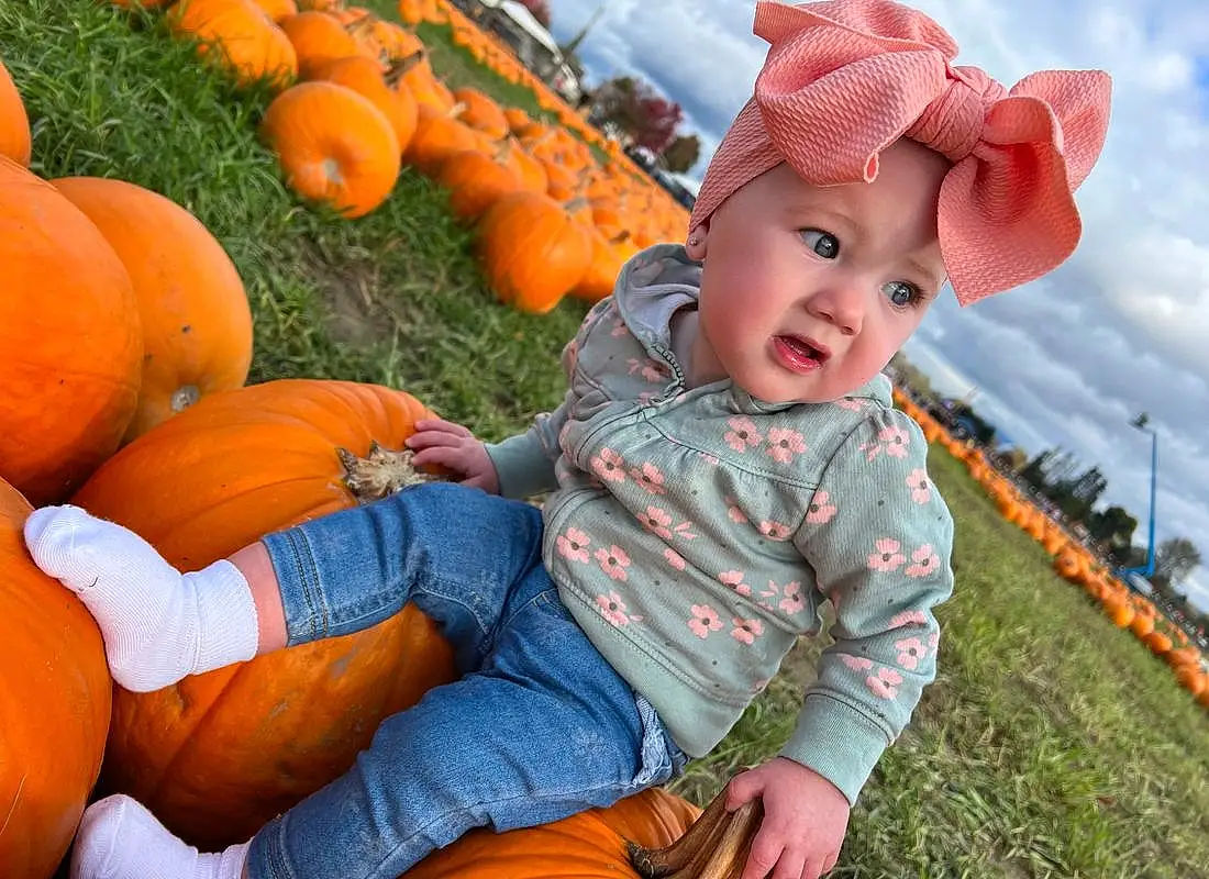 Plant, Smile, Leaf, Pumpkin, People In Nature, Orange, Cucurbita, Happy, Calabaza, Grass, Winter Squash, Baby & Toddler Clothing, Natural Foods, Gourd, Toddler, Hat, Squash, Sky, Leisure, Child, Person, Headwear