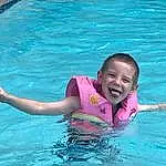 Water, Smile, Swimming Pool, Azure, Happy, Fun, Leisure, Aqua, Toddler, Summer, Recreation, Personal Protective Equipment, Leisure Centre, Vacation, Child, Wave, Magenta, Lifejacket, Baby, Bathing, Person