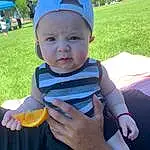 Skin, Hand, Plant, Blue, Smile, Baby & Toddler Clothing, Gesture, Baby, Finger, Hat, Grass, Toddler, Leisure, Fun, Summer, Tree, Happy, Recreation, Child, Electric Blue, Person, Headwear