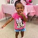Hair, Face, Skin, Head, Hairstyle, Smile, Shoe, Eyes, Baby & Toddler Clothing, Sleeve, Shorts, Happy, Pink, Thigh, T-shirt, Magenta, Toddler, Leisure, Fun, Chair, Person